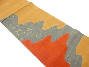 手織り紬絞り金彩曲線に草花・葉模様袋帯